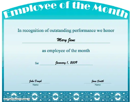 Employee of the Month certificate