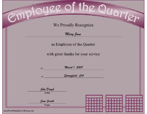 Employee of the Quarter certificate