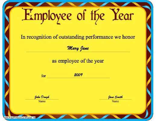 Employee of the Year certificate