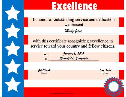 Excellence in Red White and Blue certificate