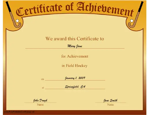 Achievement in Hockey certificate