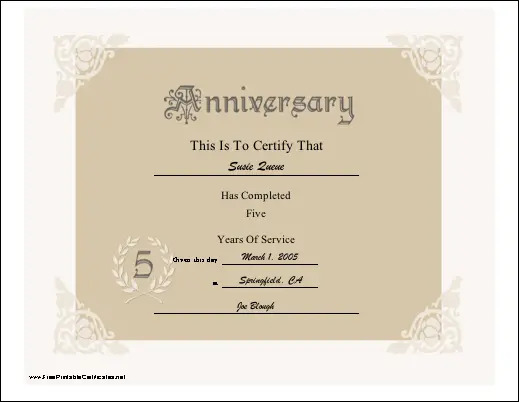 5th Anniversary certificate