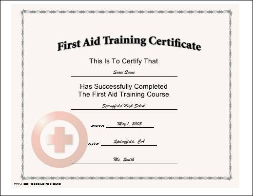 First Aid Training certificate