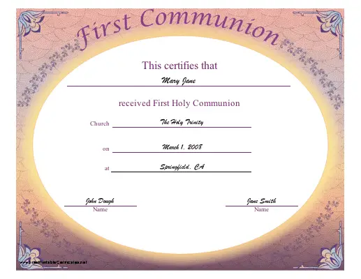 First Communion certificate
