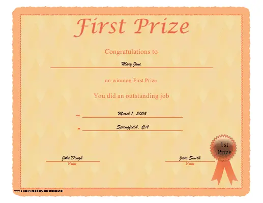 First Prize certificate