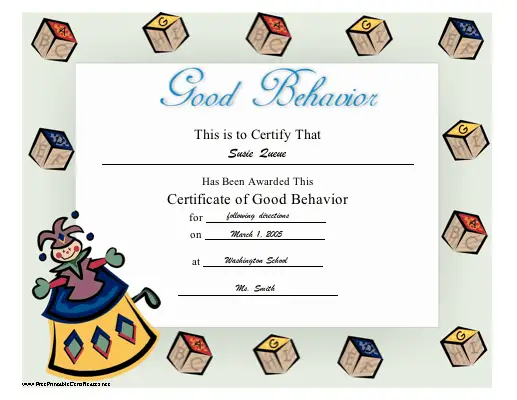Good Behavior certificate