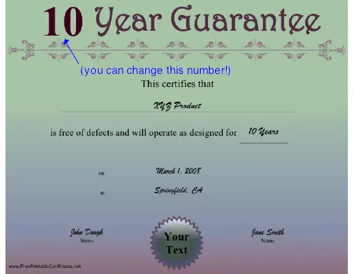10 Year Guarantee certificate