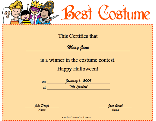 Halloween Best Costume certificate