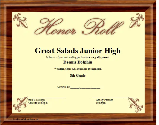 Honor Roll certificate