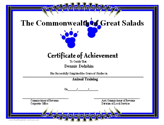 Achievement - Paw Prints certificate