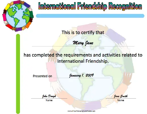 International Friendship Recognition certificate