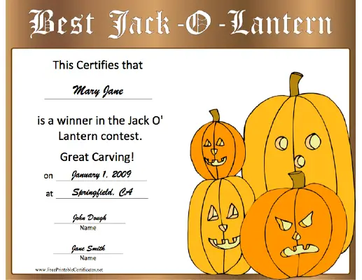 Halloween Best Jack-o-Lantern certificate