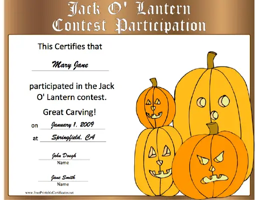 Halloween Jack-o-Lantern Contest Participation certificate