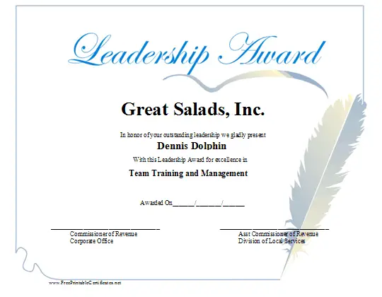 Leadership Award certificate