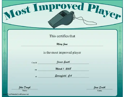 Most Improved Player certificate