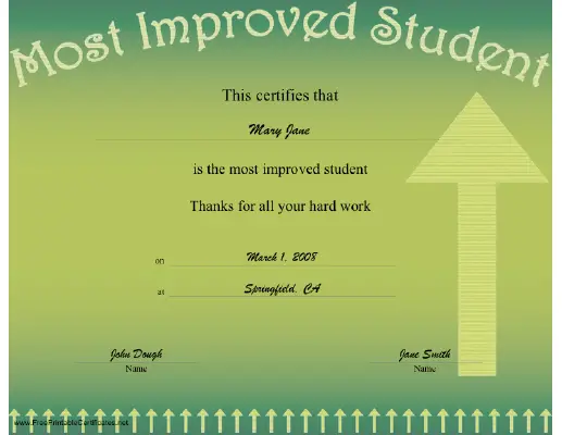 Most Improved Student certificate