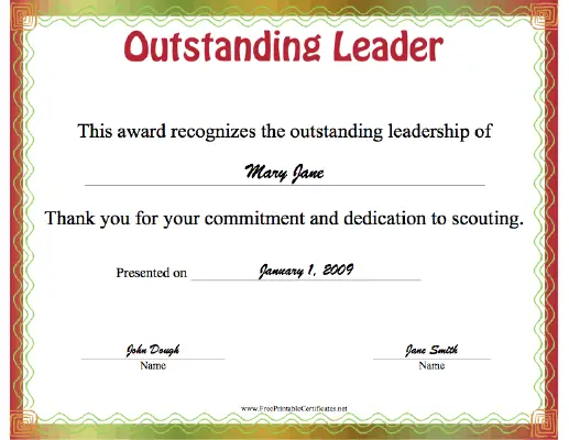 Outstanding Leader certificate