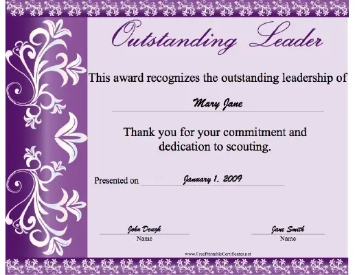 Outstanding Leader certificate