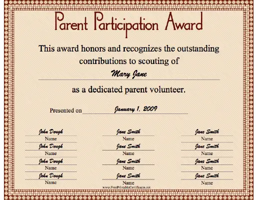 Parent Participation certificate
