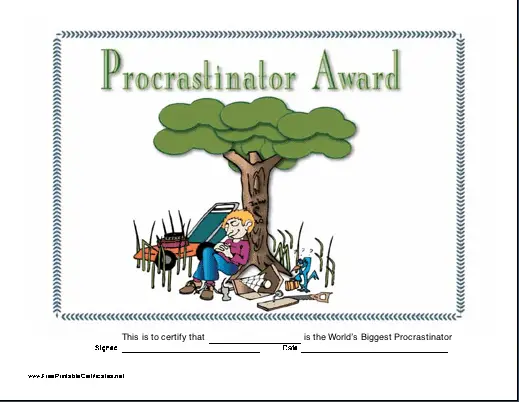 Procrastinator Award certificate