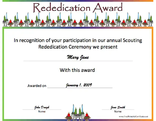 Rededication Award certificate