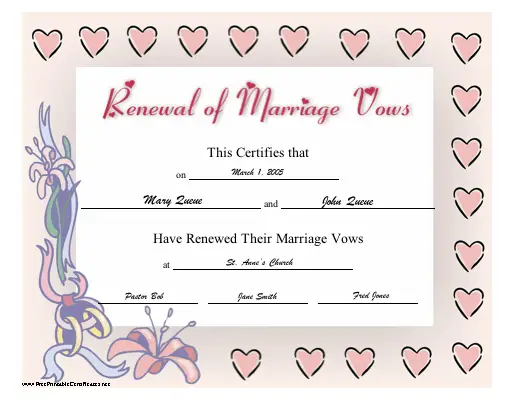 Renewal of Marriage Vows certificate