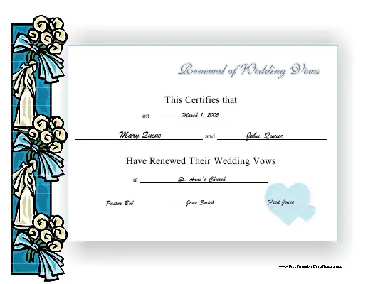 Renewal of Wedding Vows certificate