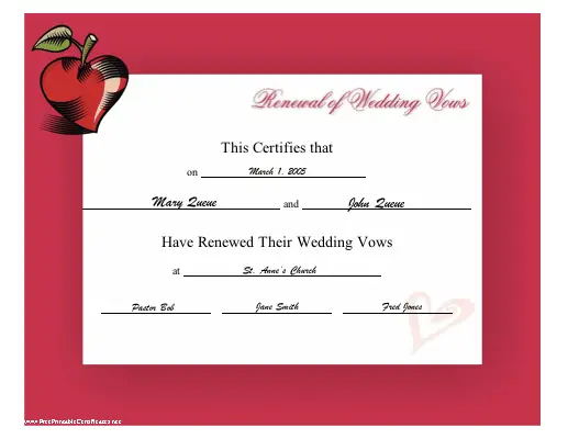 Renewal of Wedding Vows certificate