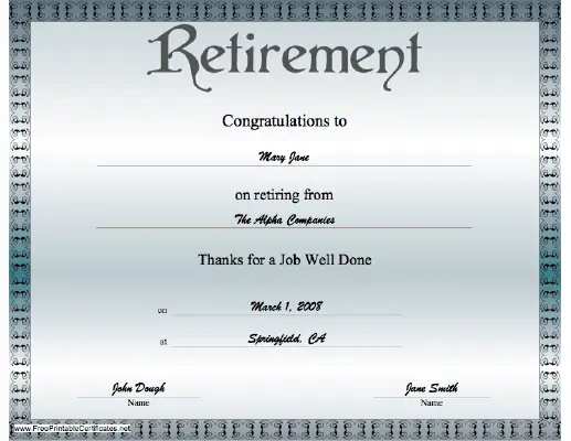 Retirement certificate