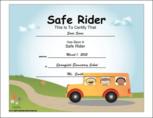 Safe School Bus Rider certificate