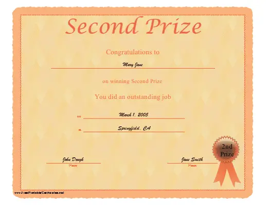 Second Prize certificate