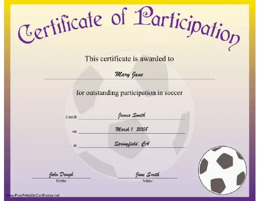 Soccer Participation certificate