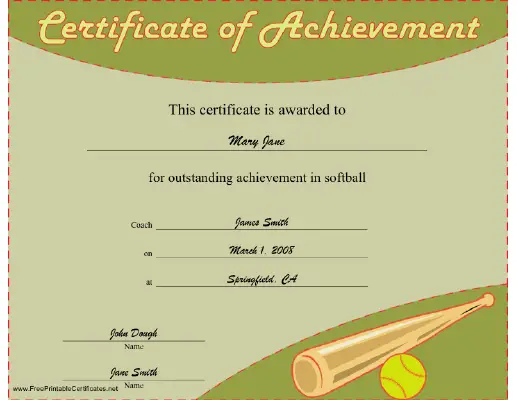 Softball Achievement certificate