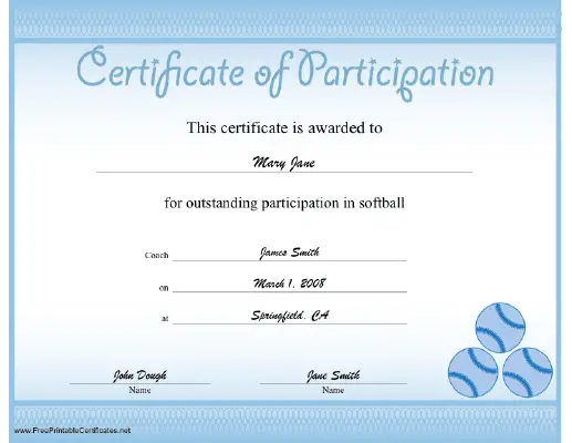 Softball Participation certificate
