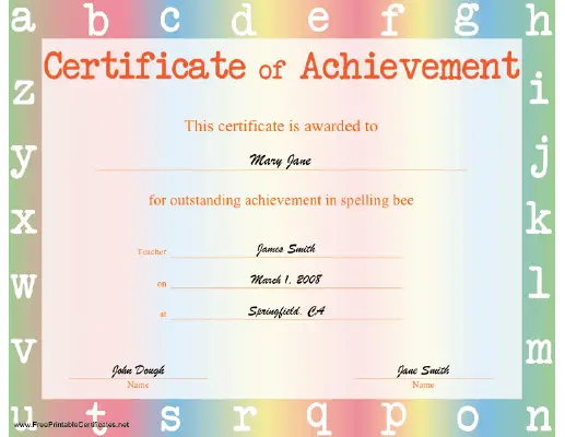 Spelling Bee Achievement certificate