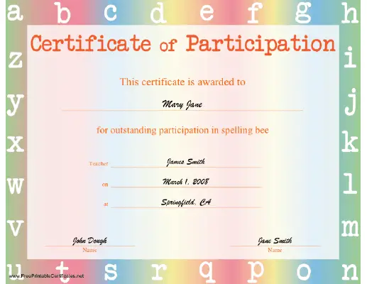 Spelling Bee Participation certificate