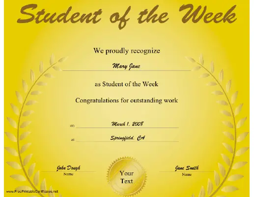 Student of the Week certificate
