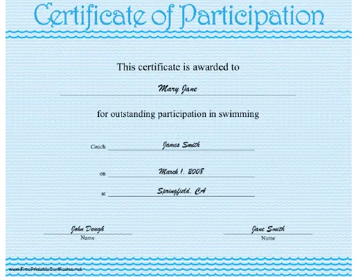 Swimming Participation certificate
