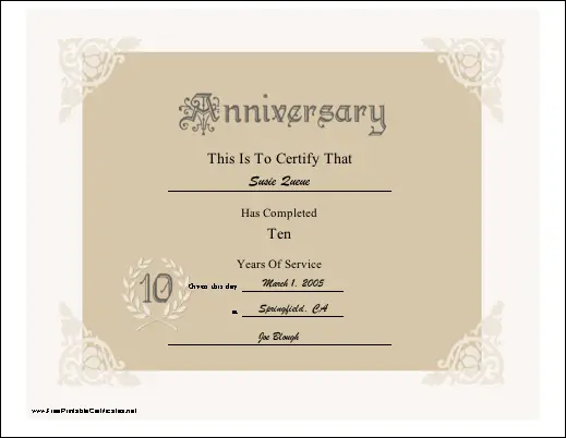 10th Anniversary certificate