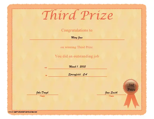 Third Prize certificate