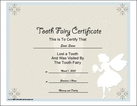 Tooth Fairy certificate