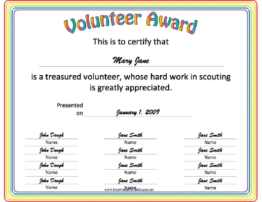 Volunteer Award certificate