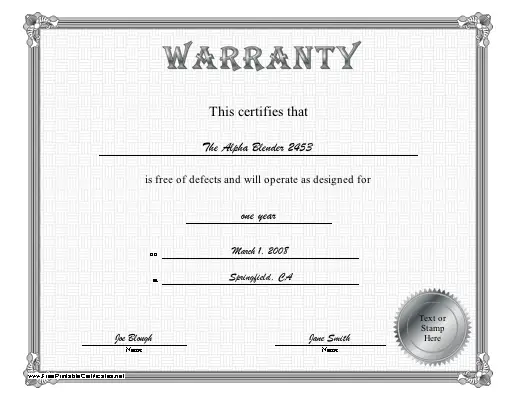 Warranty certificate