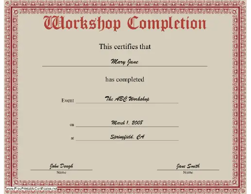 Workshop Completion certificate
