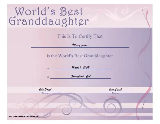 World's Best Granddaughter certificate