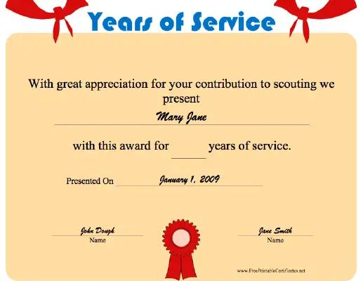 Years of Service certificate