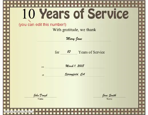 Years of Service certificate