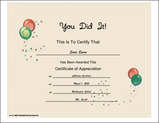 You Did It certificate