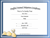 Adoption Certificate Stuffed Animal Bunny Academic