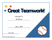 Teamwork Certificate Baseball